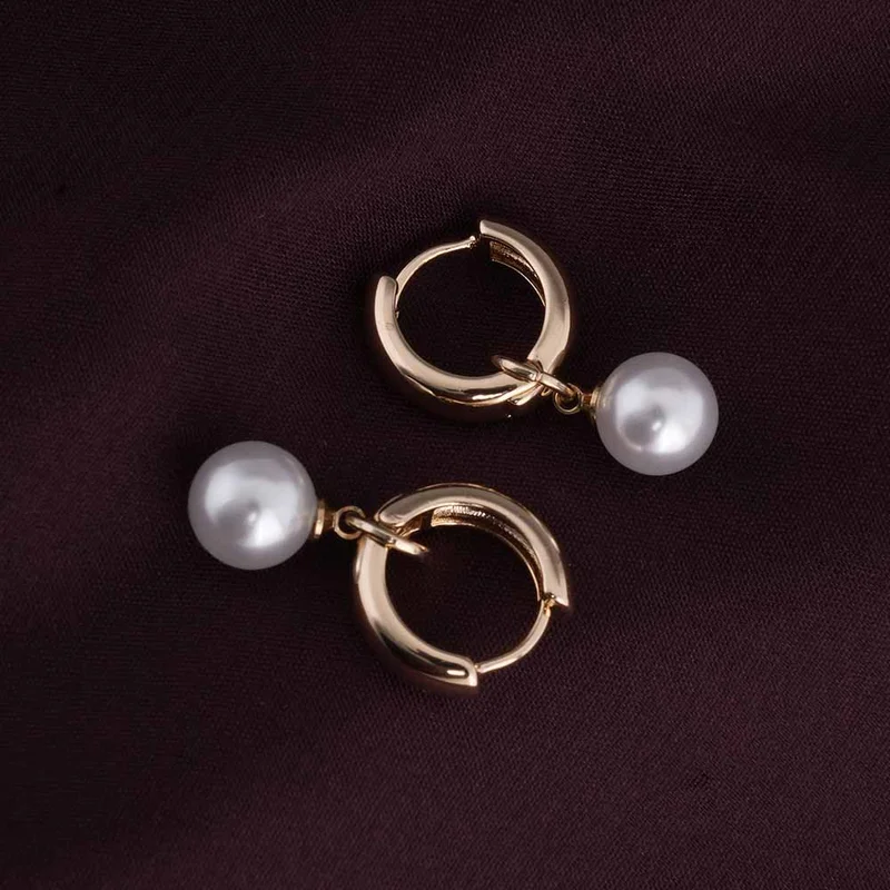 بالموناس PALMONAS 18k Gold Tone Plated Medium Pearl Drop Hoop Earrings
 for Women